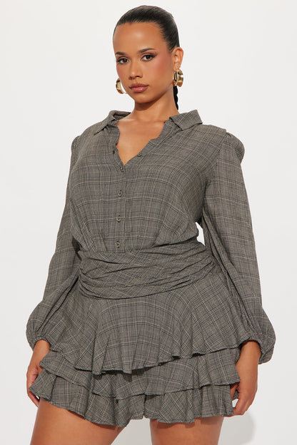 In Session Plaid Long Sleeve Romper - Grey/combo