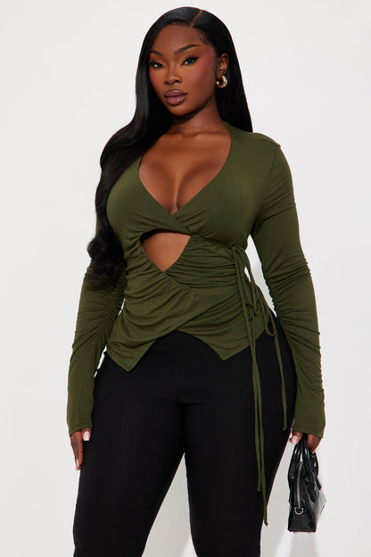 Never Abandoned Ruched Long Sleeve Cut Out Top - Olive