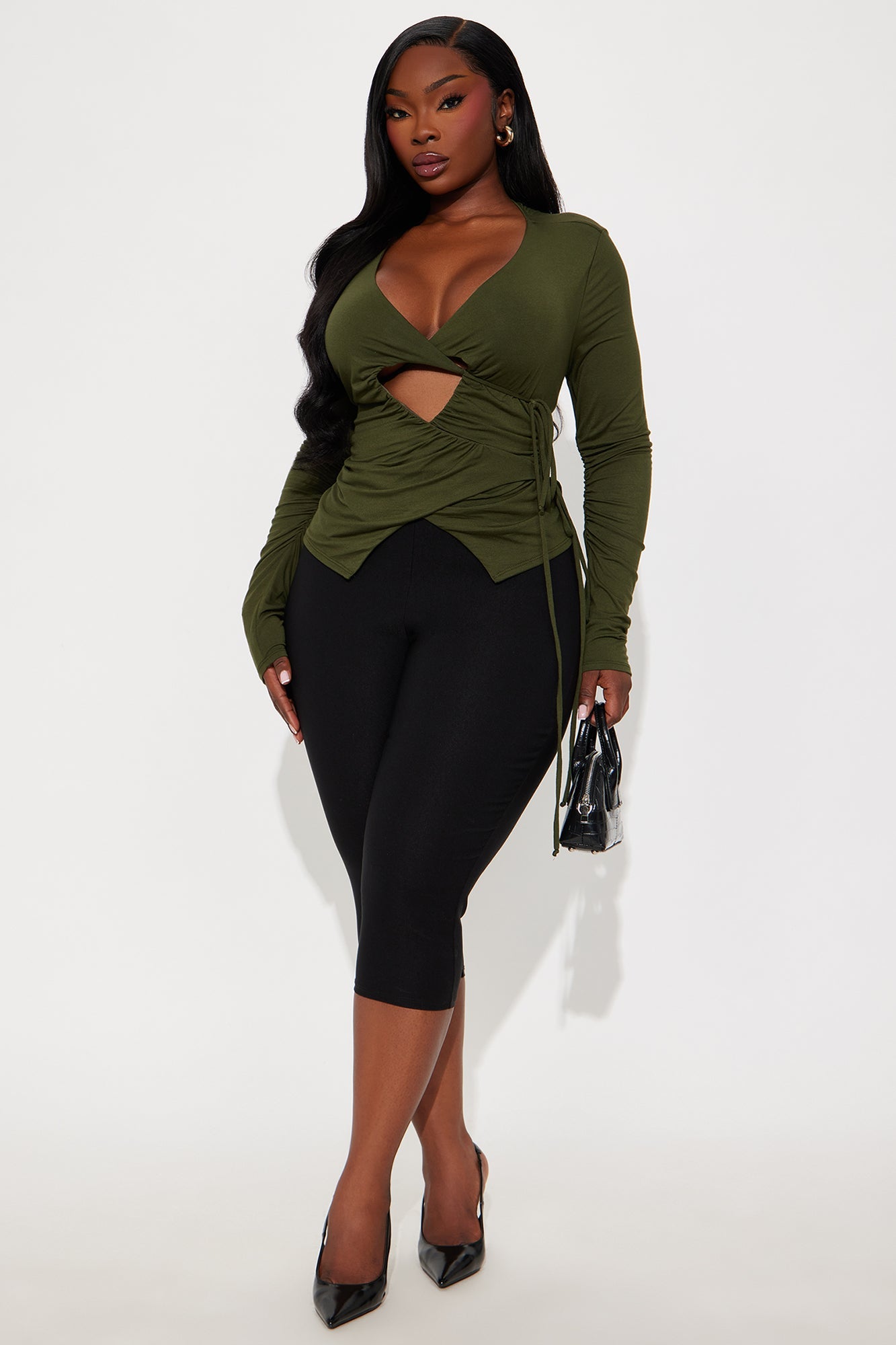 Never Abandoned Ruched Long Sleeve Cut Out Top - Olive
