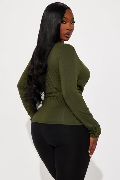 Never Abandoned Ruched Long Sleeve Cut Out Top - Olive