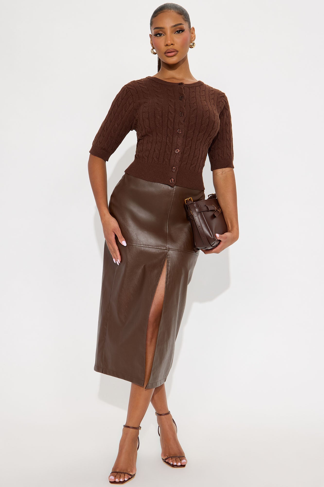 Elowen Short Sleeve Cable Knit Cardigan - Chocolate