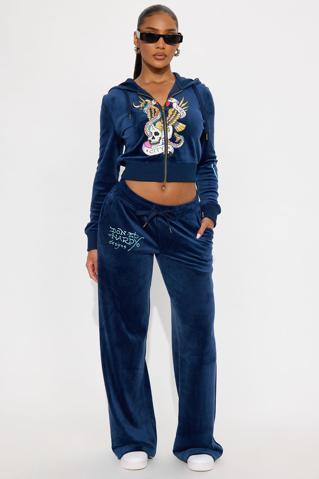 Ed Hardy NY Skull City Velour Pant Set - Navy