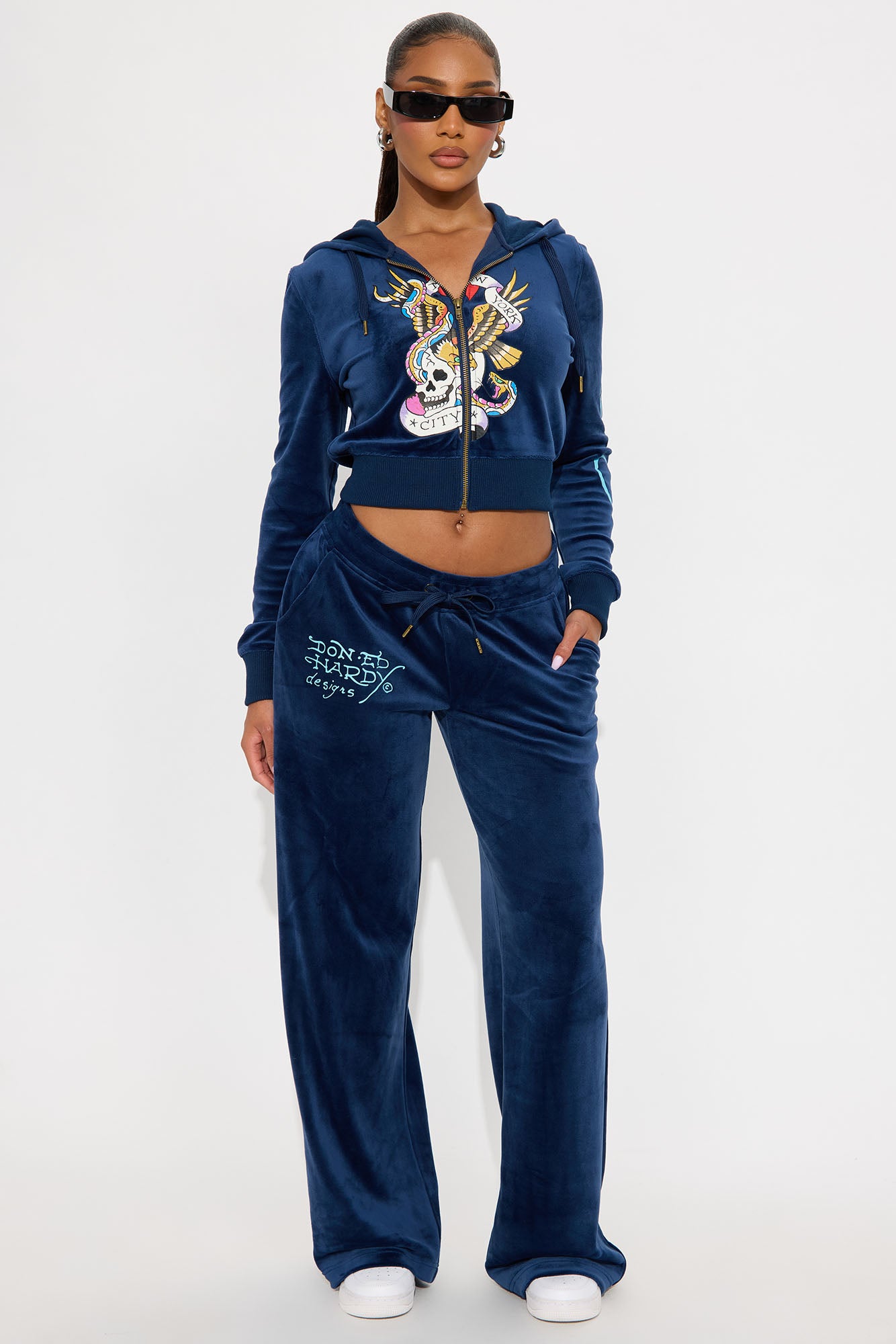 Ed Hardy NY Skull City Velour Pant Set - Navy