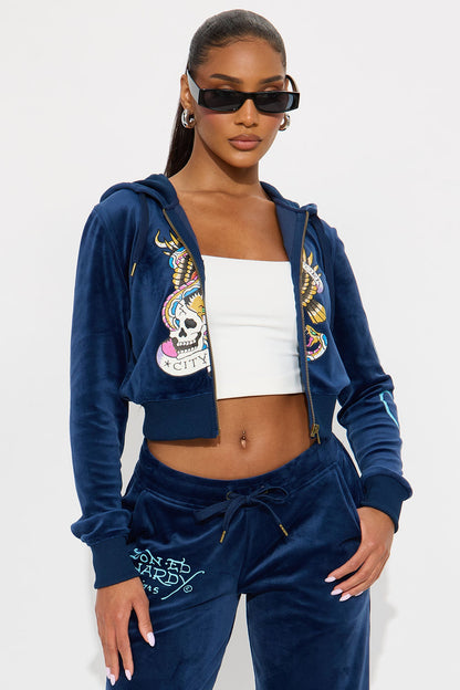 Ed Hardy NY Skull City Velour Pant Set - Navy