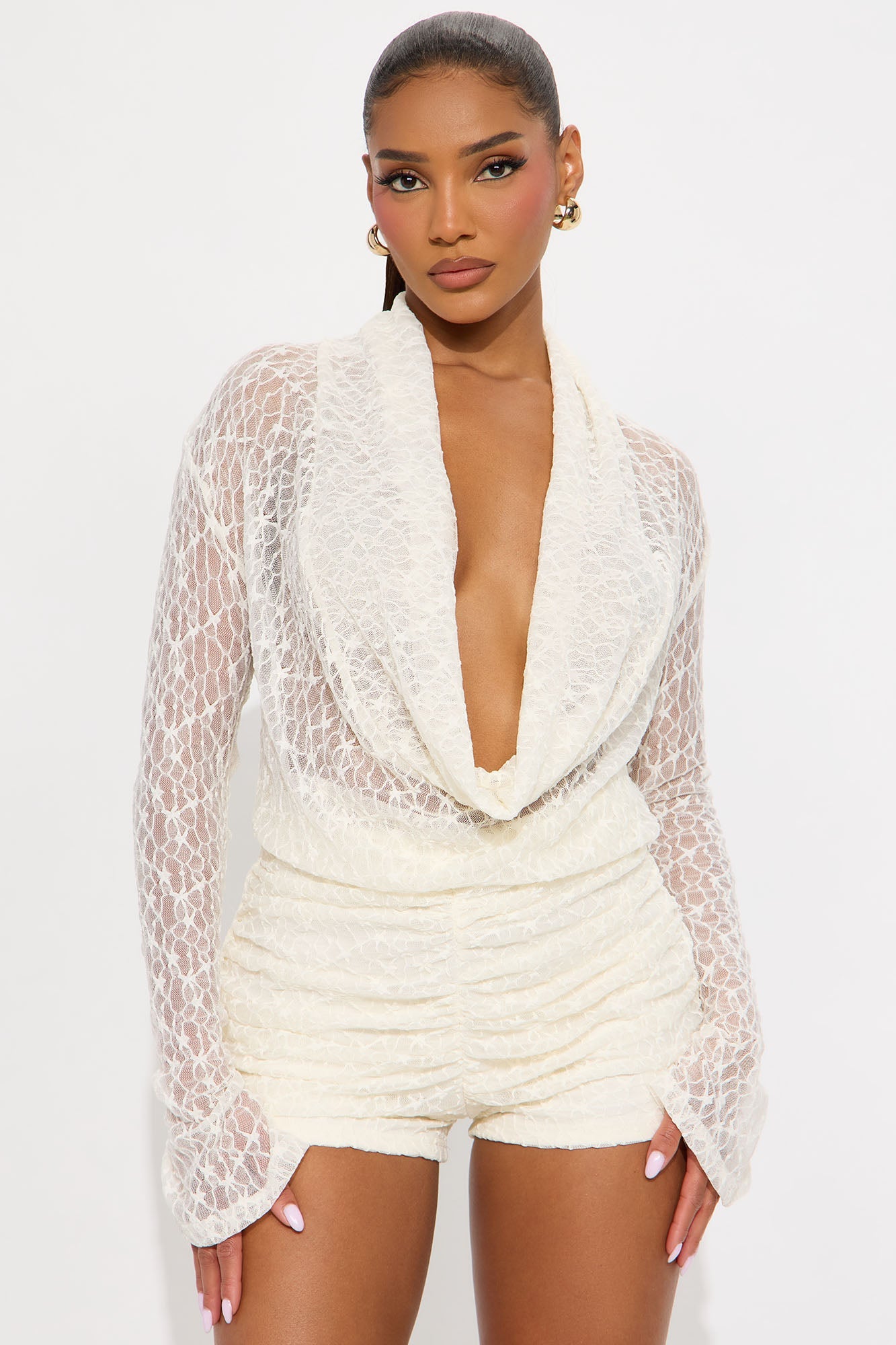 Hot Intentions Cowl Neck Lace Romper - Cream