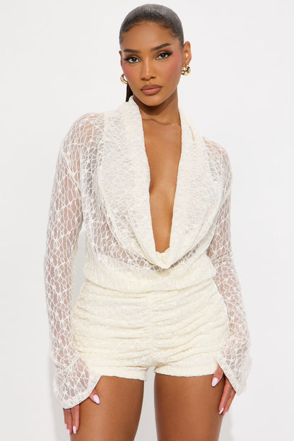 Hot Intentions Cowl Neck Lace Romper - Cream