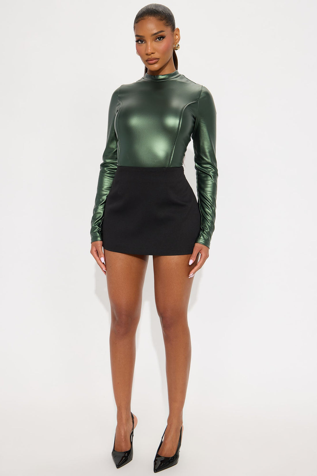 Off Script Faux Leather Long Sleeve Bodysuit - Olive