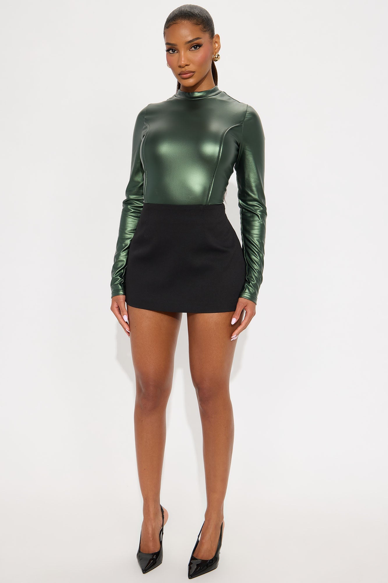 Off Script Faux Leather Long Sleeve Bodysuit - Olive