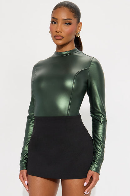 Off Script Faux Leather Long Sleeve Bodysuit - Olive