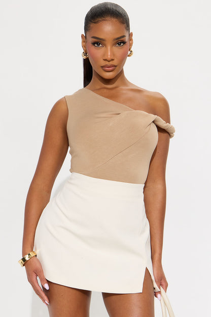 Midnight Views Twist Off Shoulder Bodysuit - Taupe