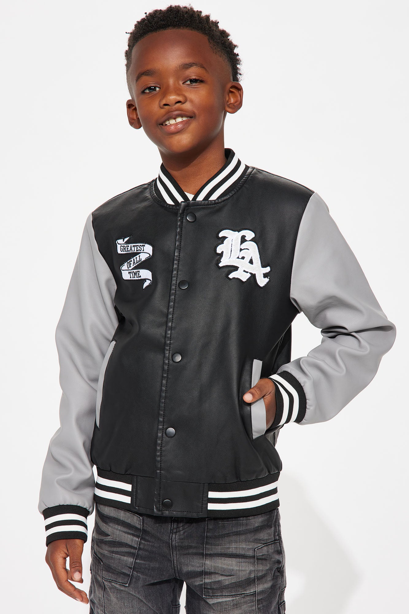 Mini Greatest Of All Time In LA Varsity Jacket - Black/Grey