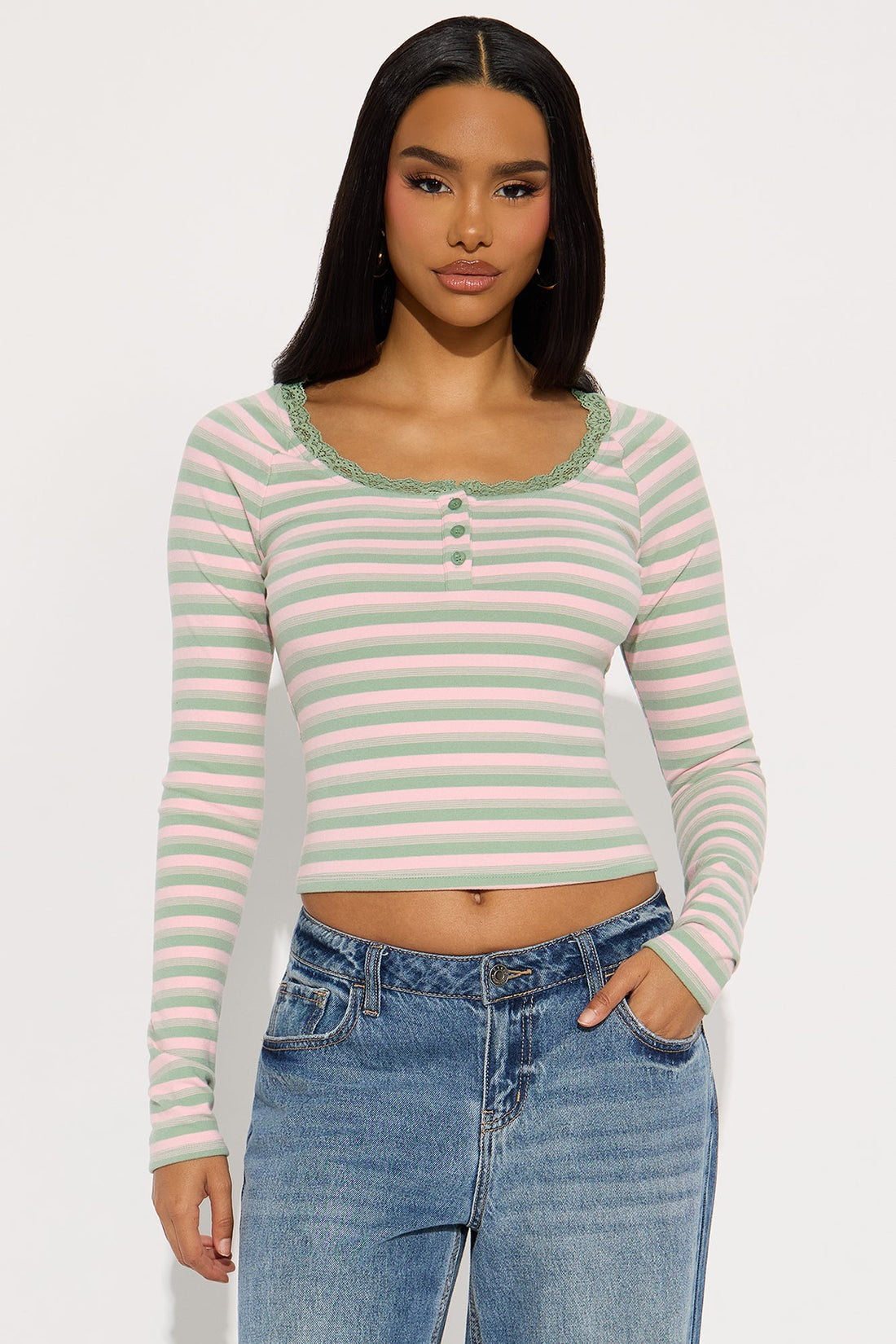 Myrtie Long Sleeve Henley Top - Pink/combo