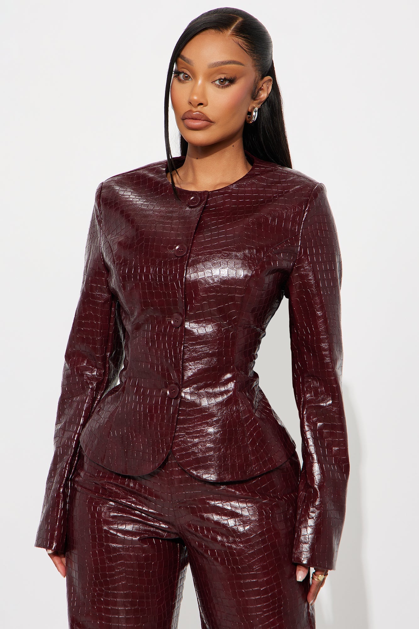 Gianna Fitted Faux Leather Blazer - Burgundy