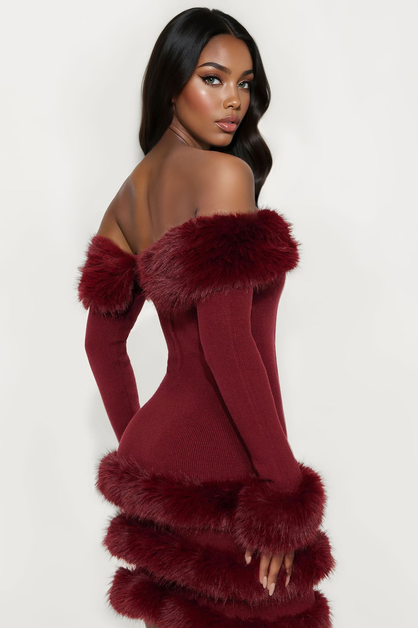 Cozy Feeling Fur Trim Mini Dress - Wine