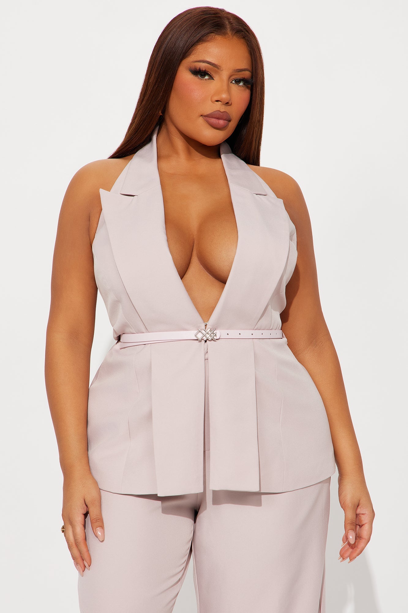 Divine Crepe Belted Vest And Pant Set - Mauve
