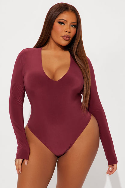 Take The Plunge Lined Long Sleeve Bodysuit - Burgundy