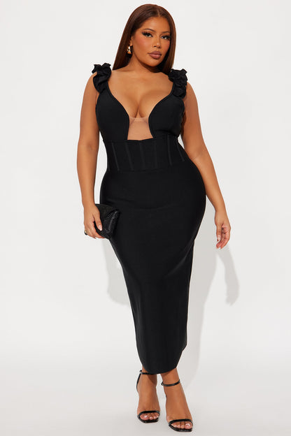 Jada Ruffle Bandage Midi Dress - Black