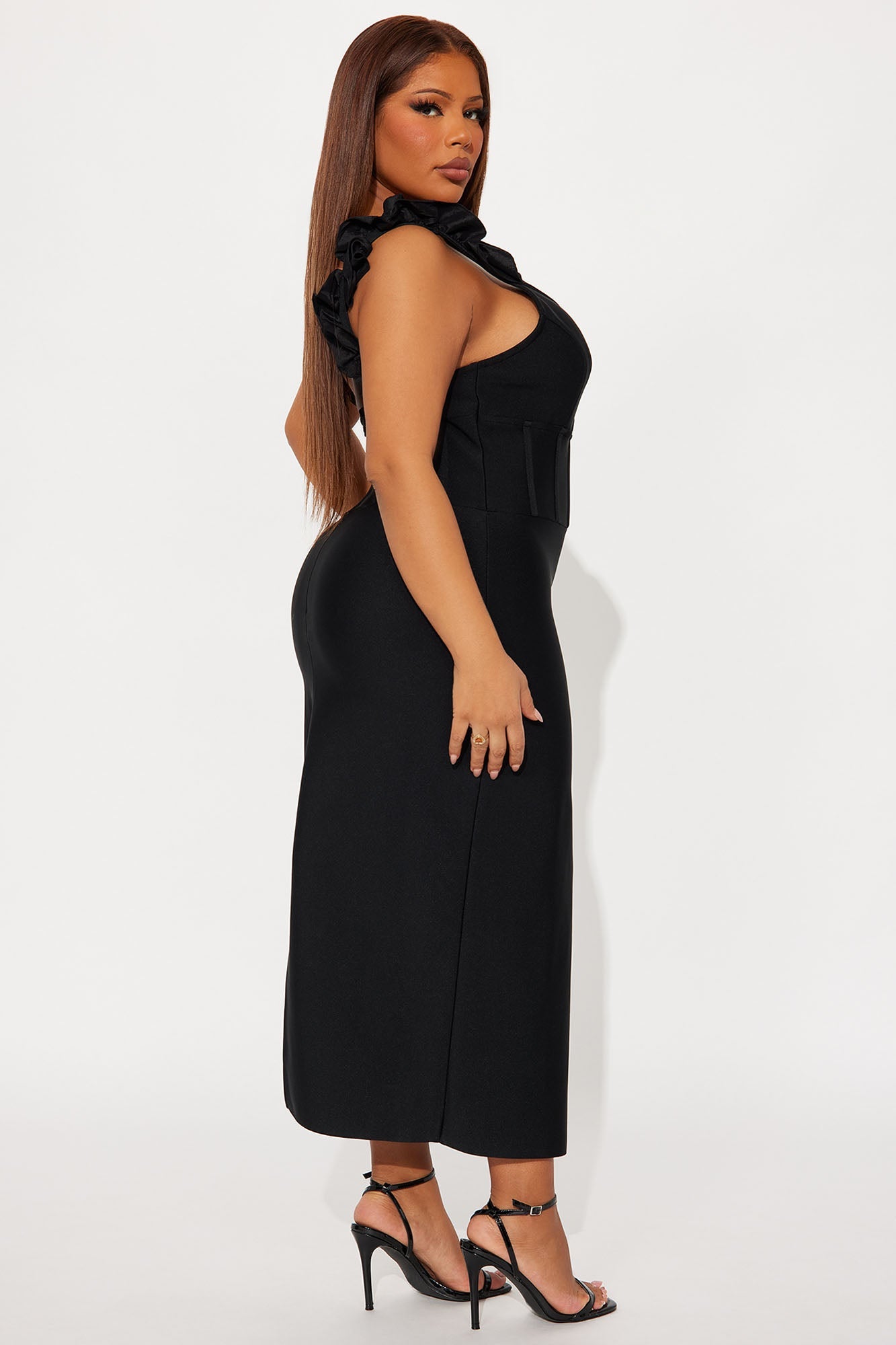 Jada Ruffle Bandage Midi Dress - Black