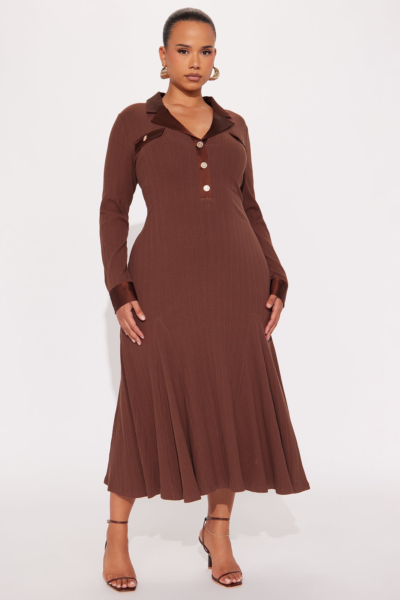 Marisol Ribbed Midi Dress - Brown