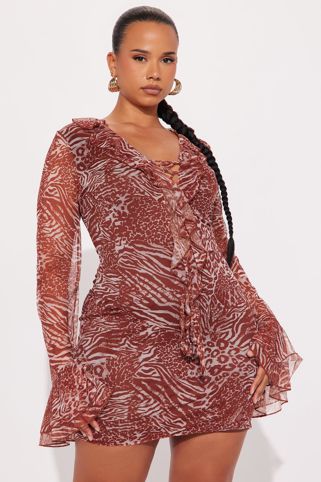Retreat Ruffle Long Sleeve Mesh Mini Dress - Leopard
