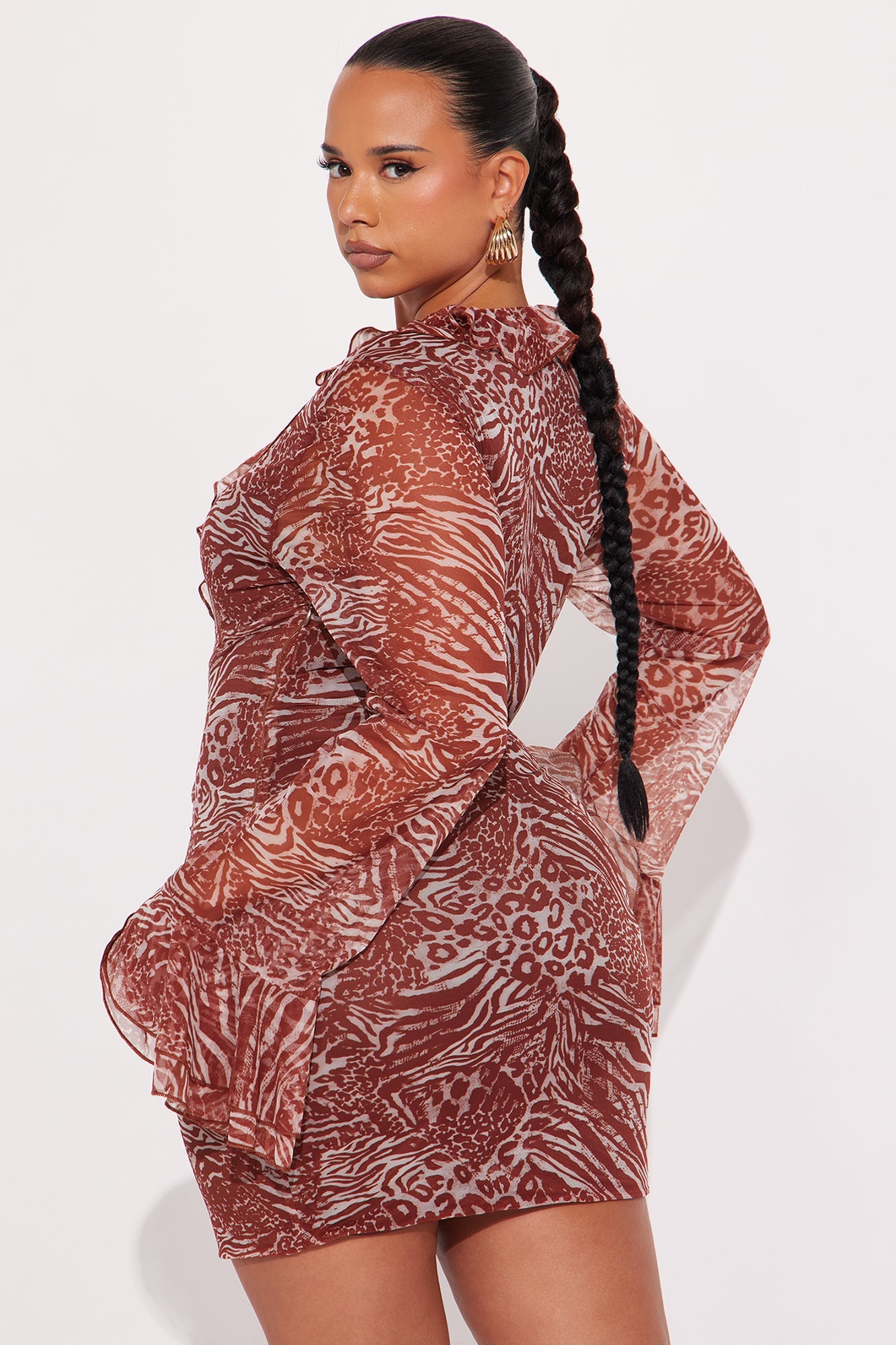 Retreat Ruffle Long Sleeve Mesh Mini Dress - Leopard