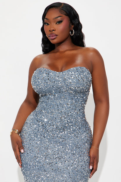 Zoey Feathered Strapless Sequin Gown - Grey