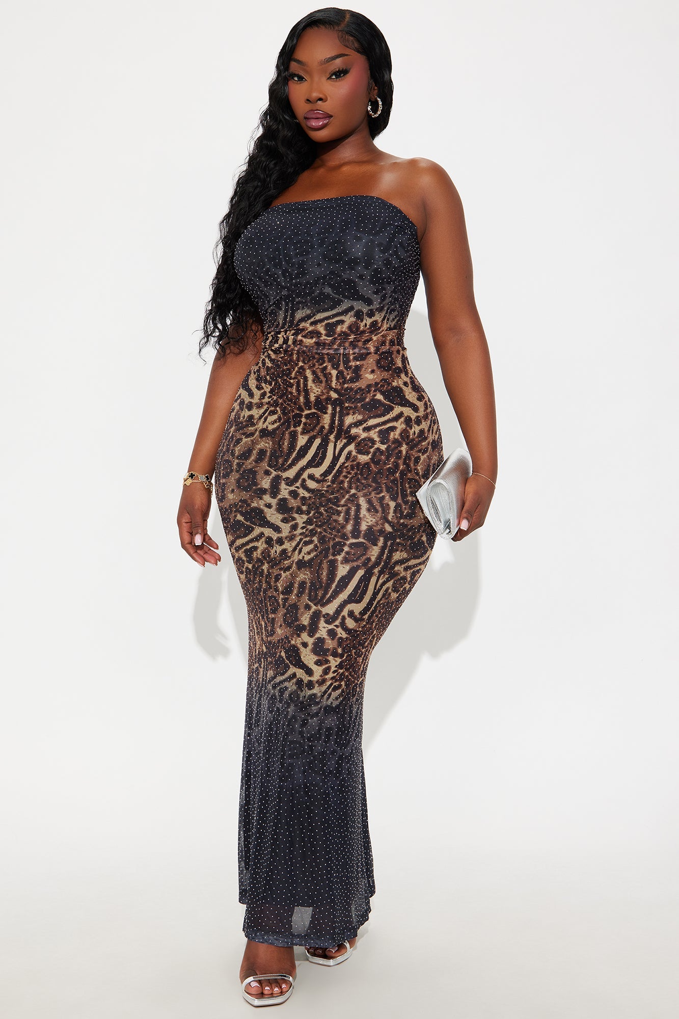 On The Wild Side Rhinestone Maxi Dress - Brown/combo