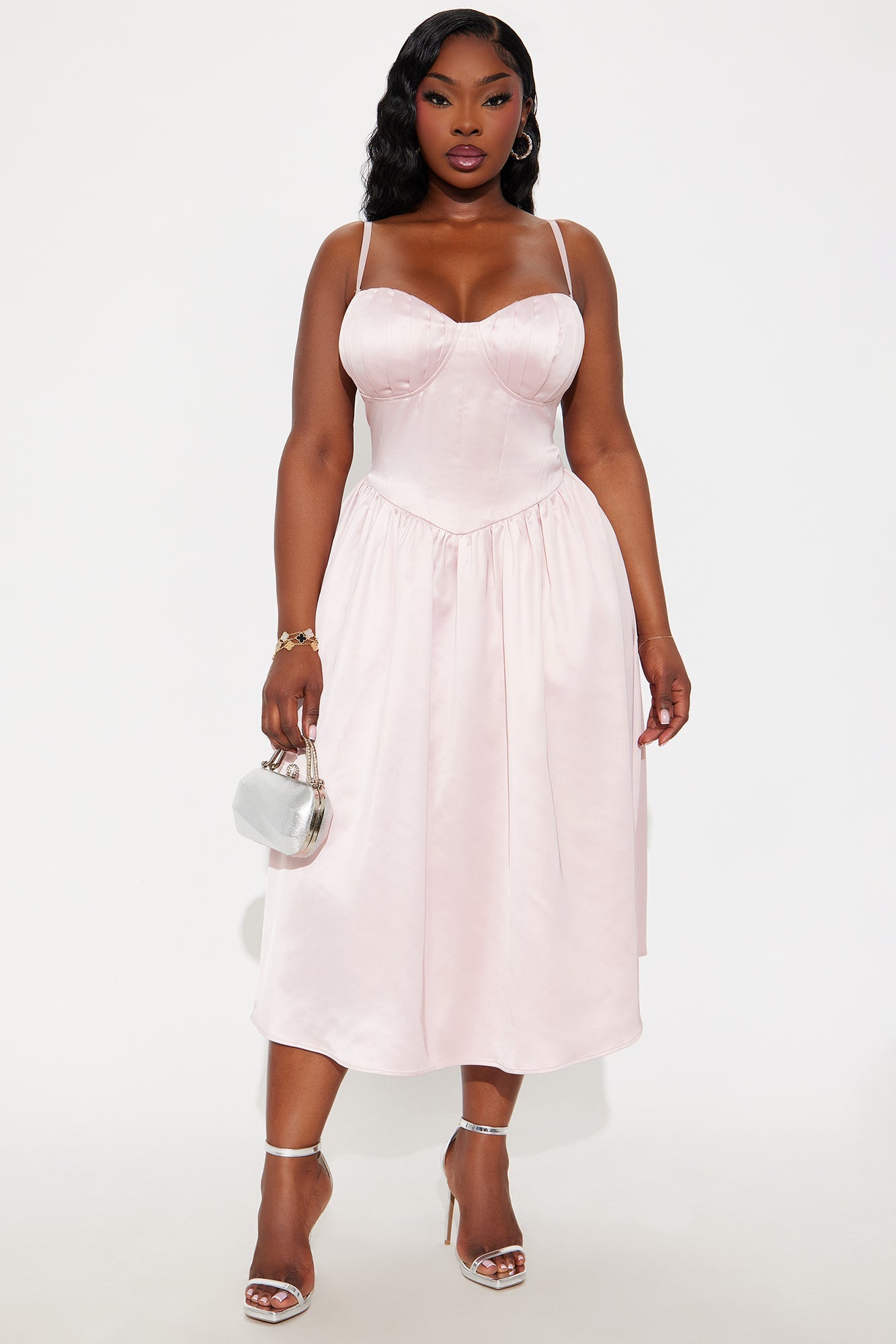 Mila Pleated Satin Midi Dress - Blush