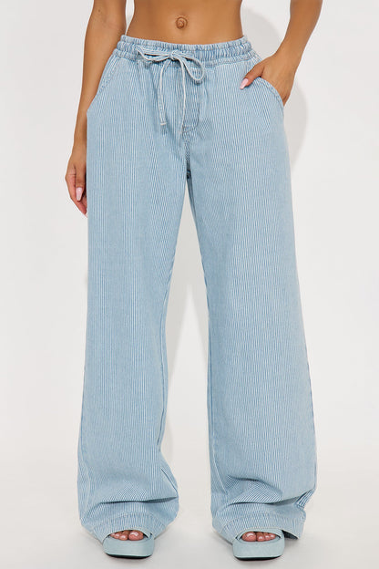 Tall Seawalk Striped Pull On Wide Leg Jeans - Light Blue