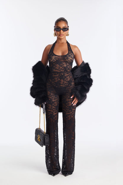 Love To Like Sheer Lace Jumpsuit - Black