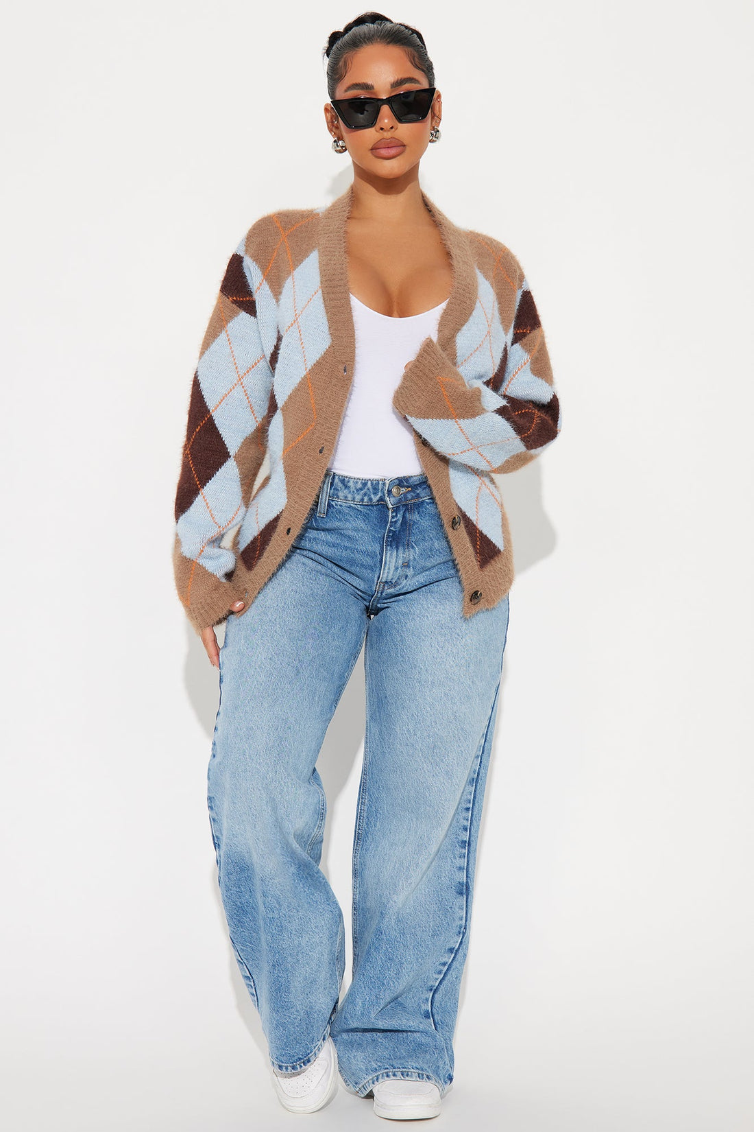 Preppy Girl Argyle Cardigan - Taupe/combo