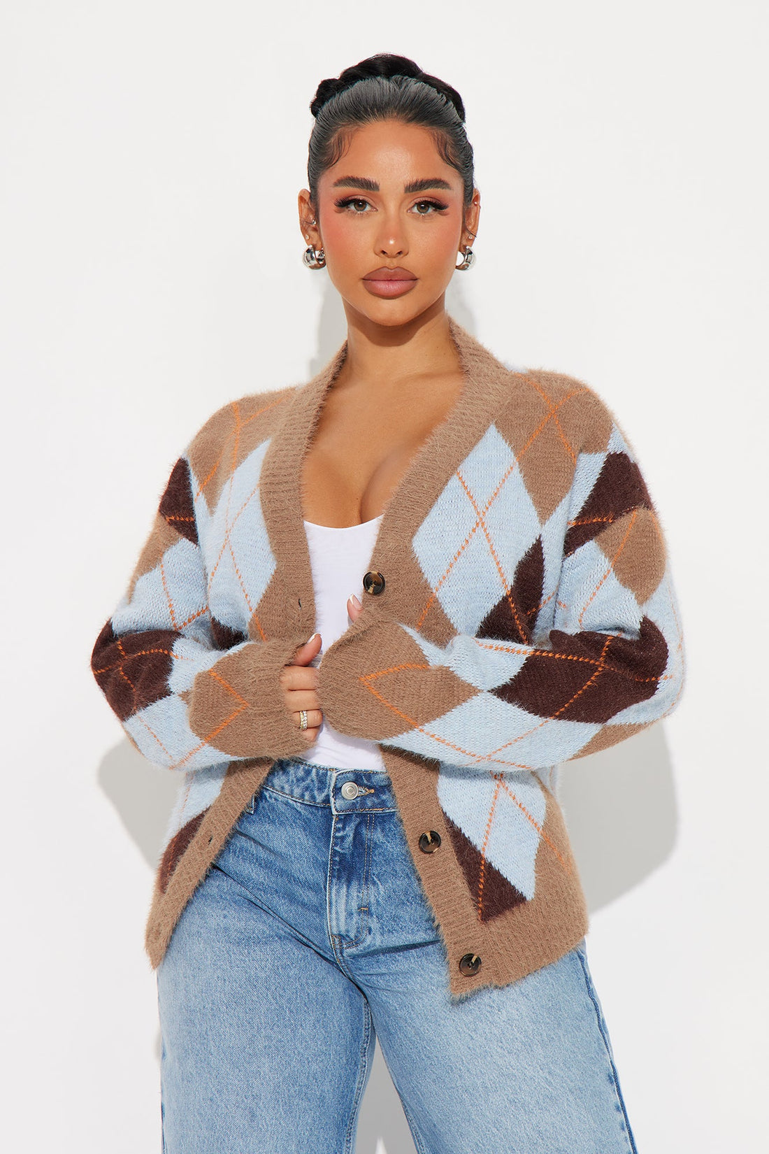 Preppy Girl Argyle Cardigan - Taupe/combo