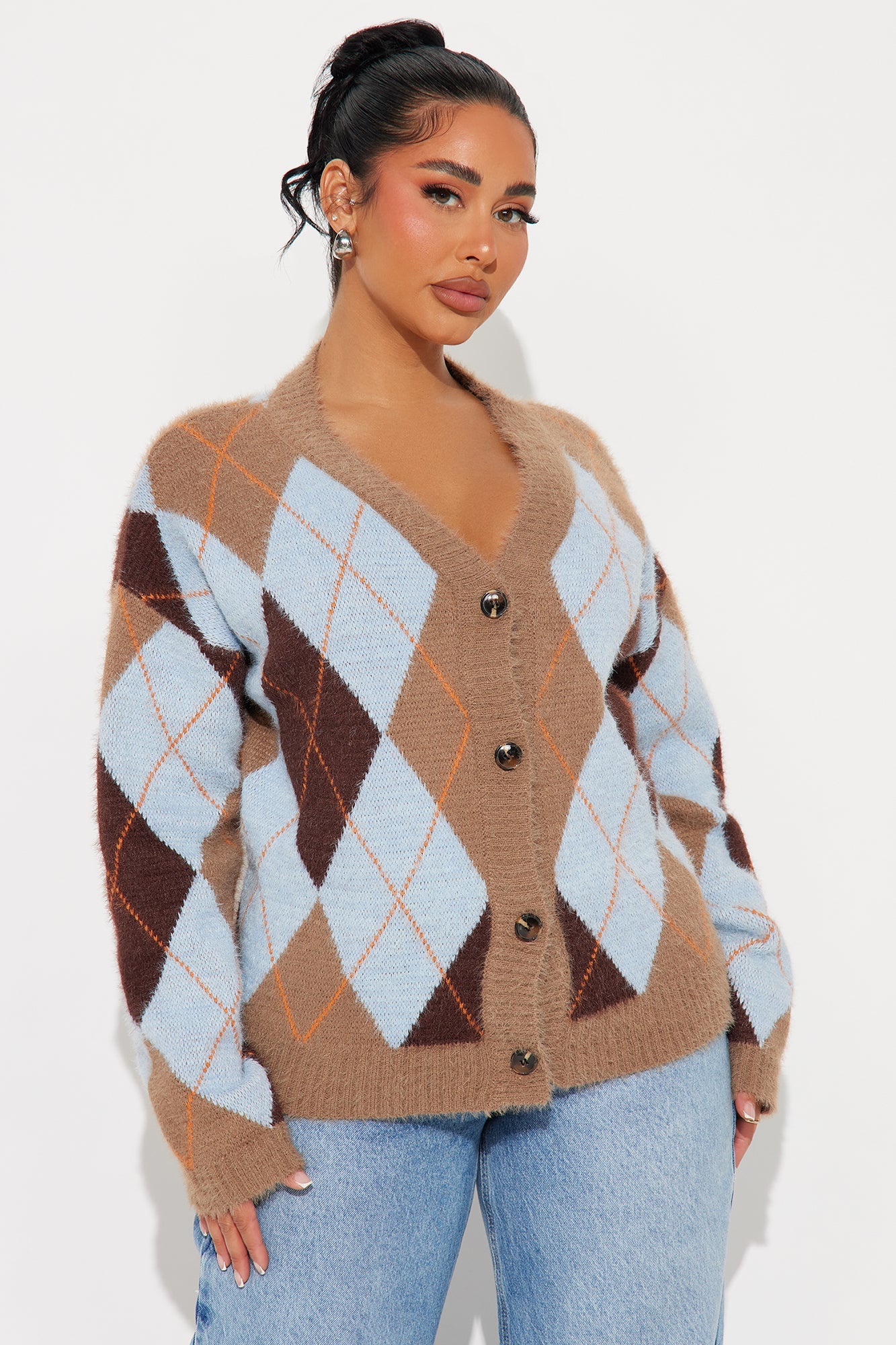 Preppy Girl Argyle Cardigan - Taupe/combo