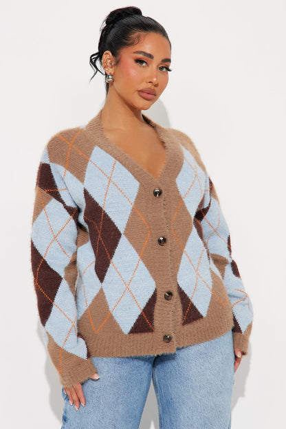 Preppy Girl Argyle Cardigan - Taupe/combo
