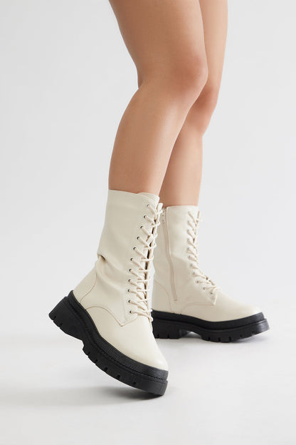 Vail Lace Up Combat Boots - Cream