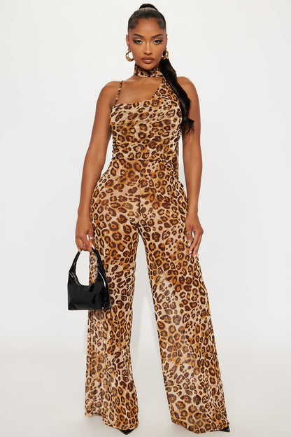 Wild Looks Leopard Mesh Jumpsuit - Taupe/combo