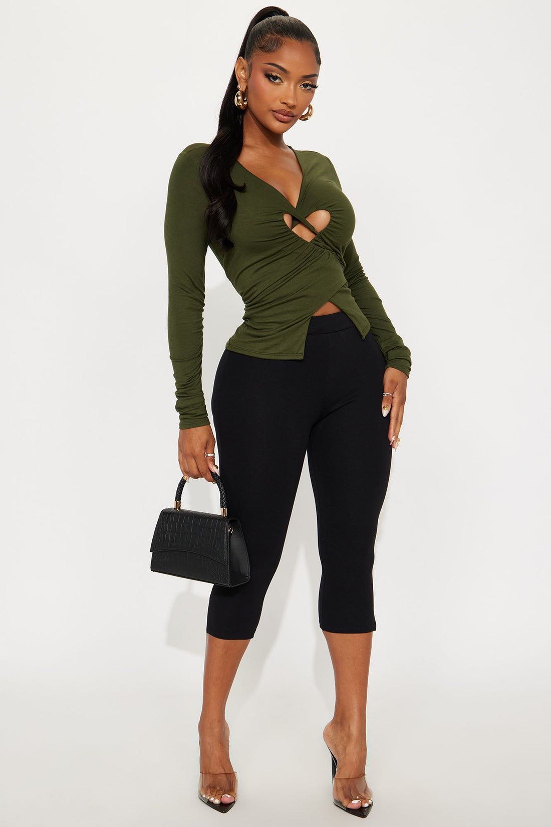 Never Abandoned Ruched Long Sleeve Cut Out Top - Olive