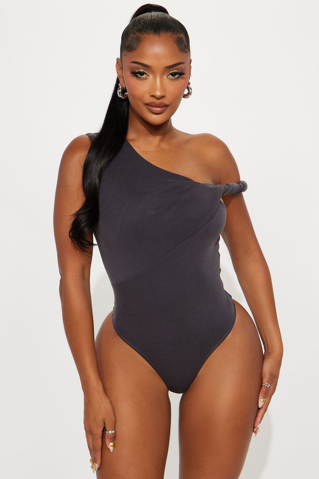 Midnight Views Twist Off Shoulder Bodysuit - Grey