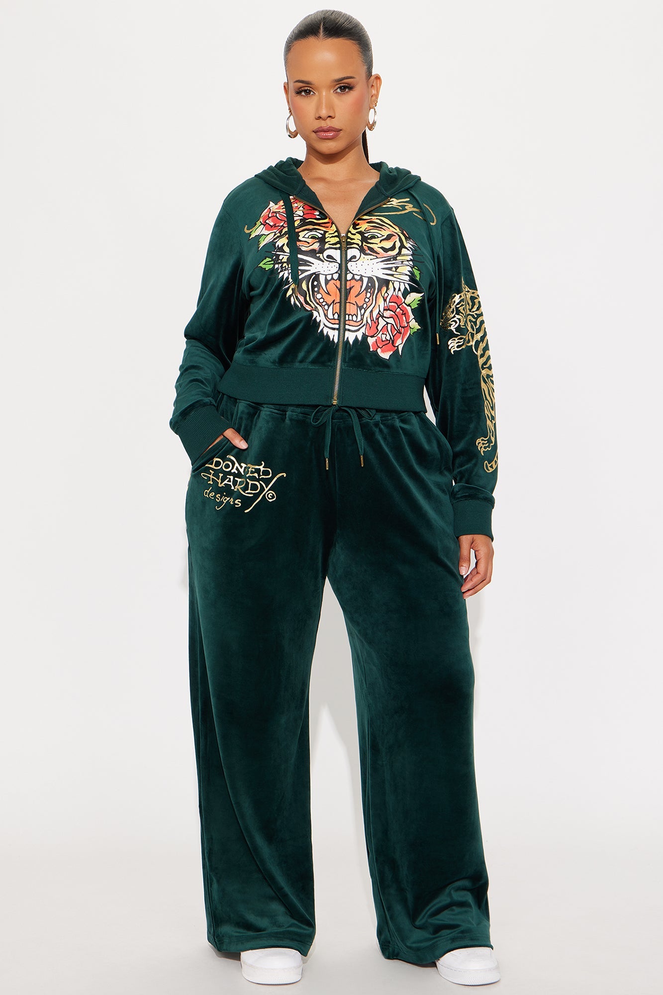 Ed Hardy Retro Tiger Velour Pant Set - Hunter