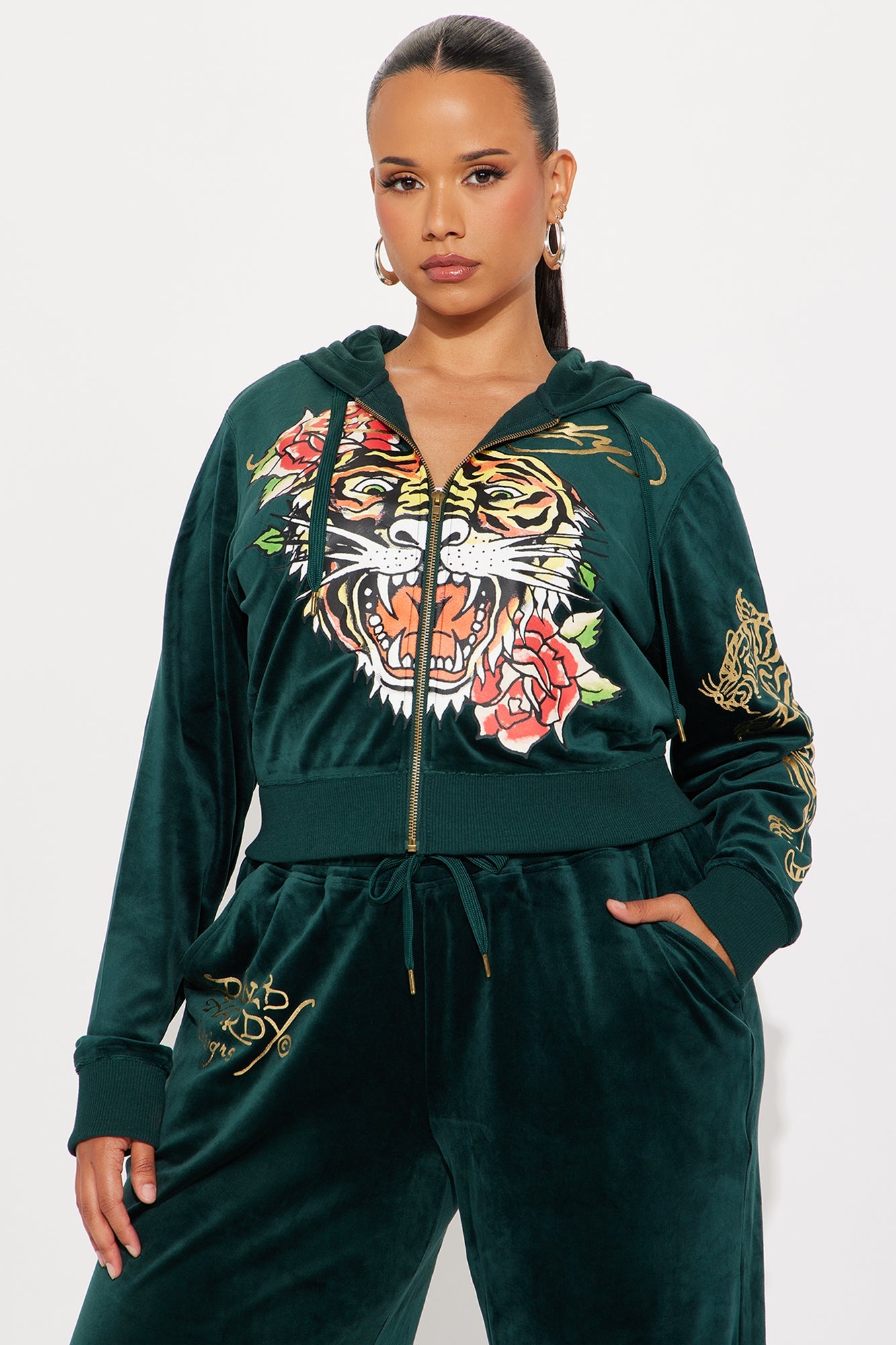 Ed Hardy Retro Tiger Velour Pant Set - Hunter