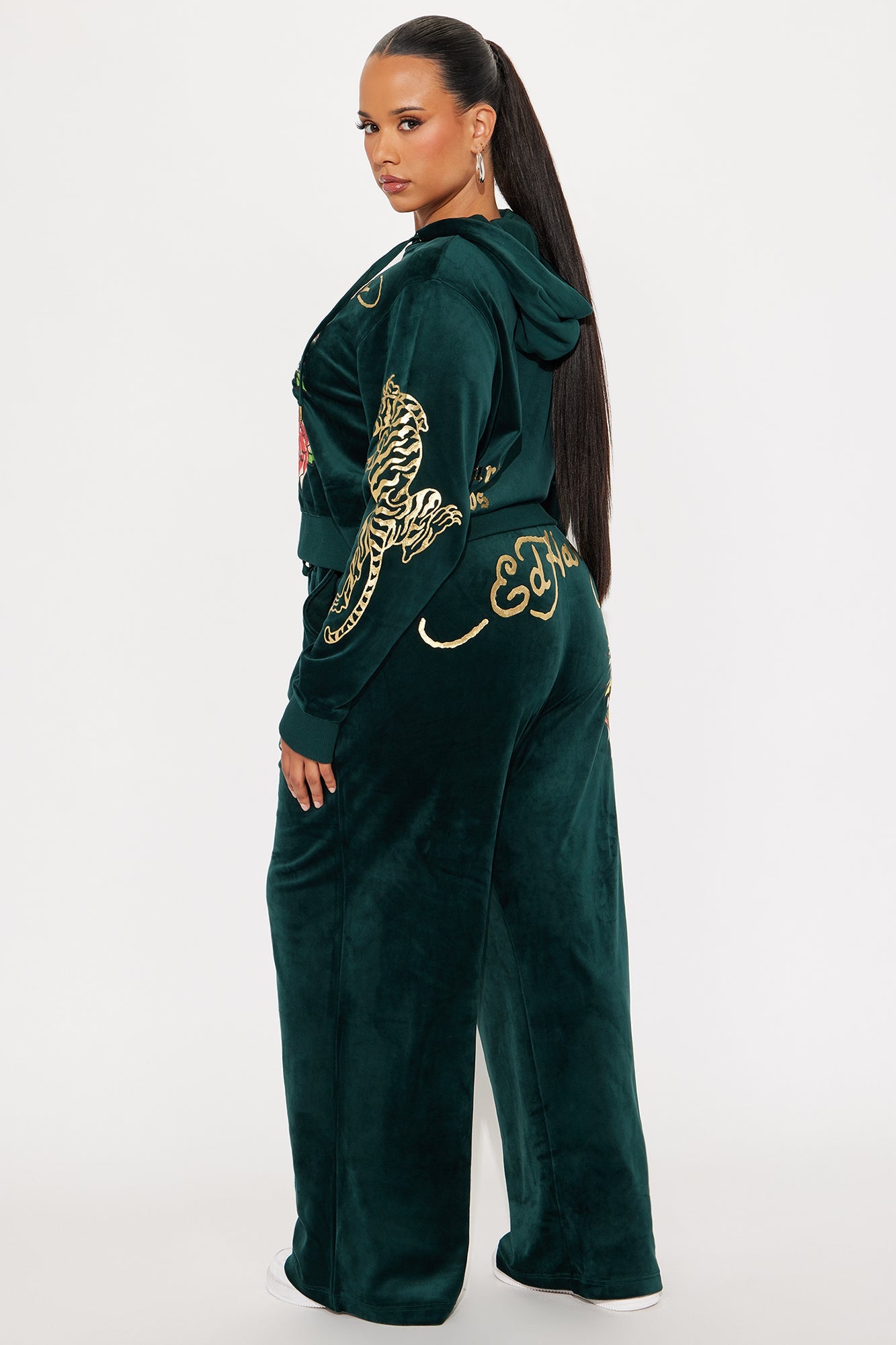 Ed Hardy Retro Tiger Velour Pant Set - Hunter