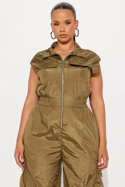 Remi Windbreaker Wide Leg Cargo Jumpsuit - Olive
