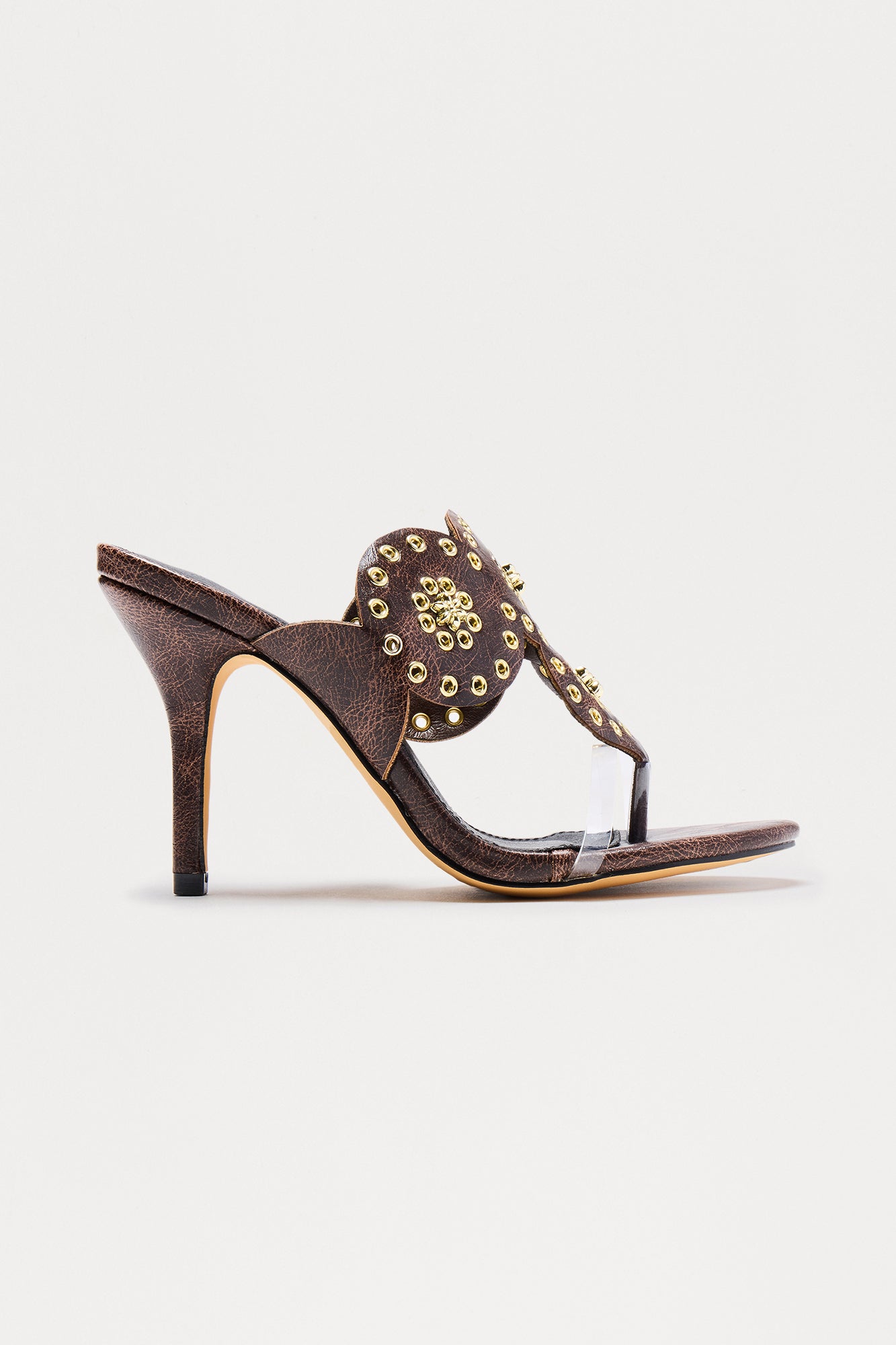 Mandala Studded Thong Heels - Brown