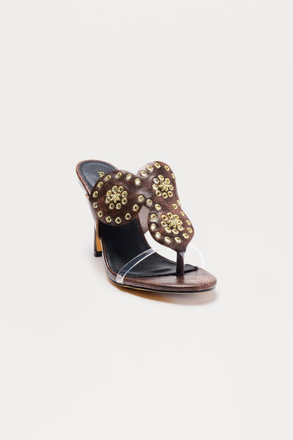 Mandala Studded Thong Heels - Brown