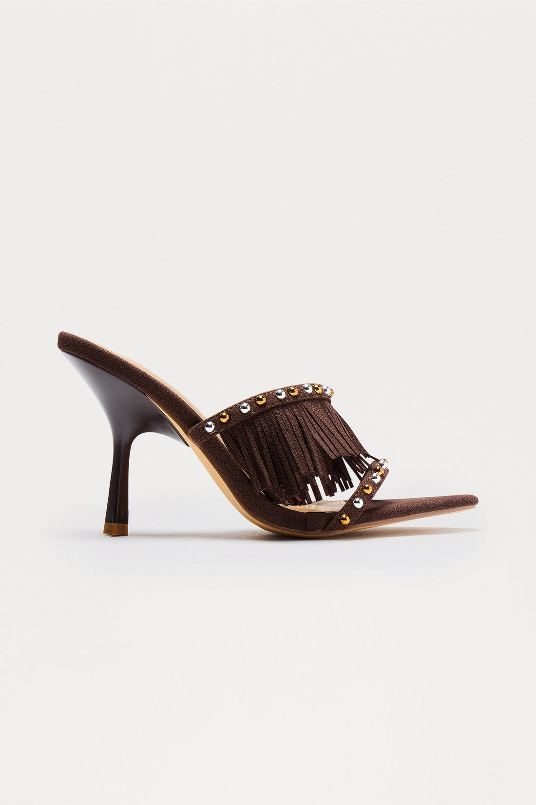 Bradley Studded Fringe Heels - Chocolate