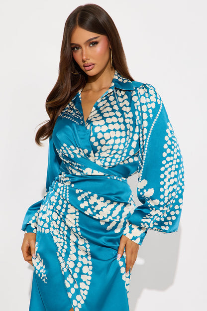 Glamour Days Satin Midi Dress - Blue/combo