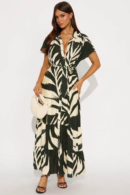 By The Seashore Linen Maxi Dress - Olive/combo