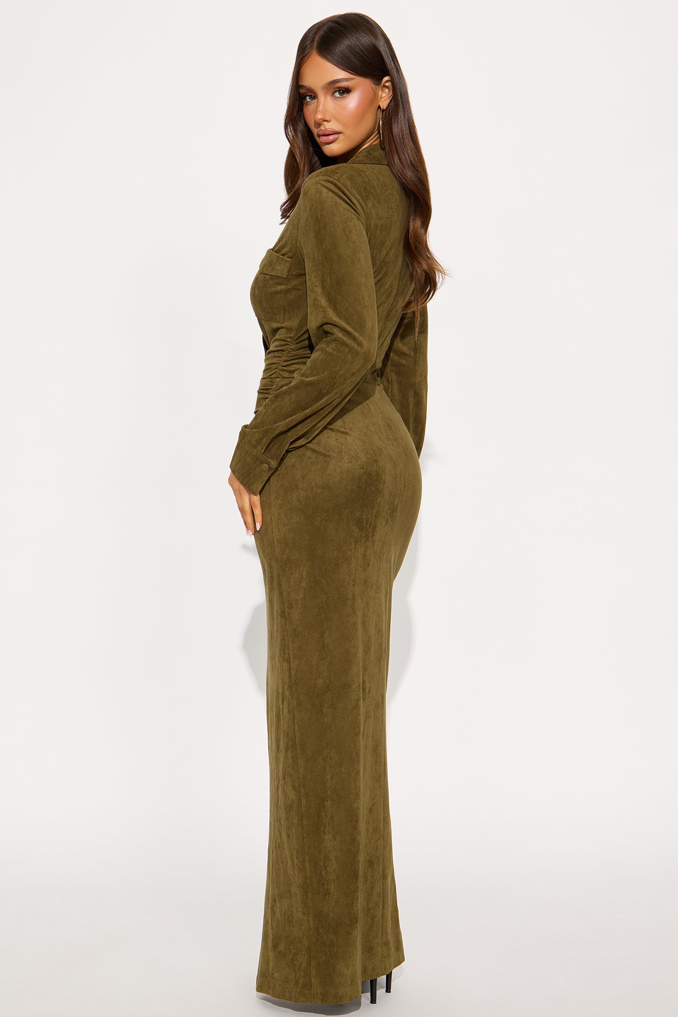 Noelle Suede Maxi Shirt Dress - Olive