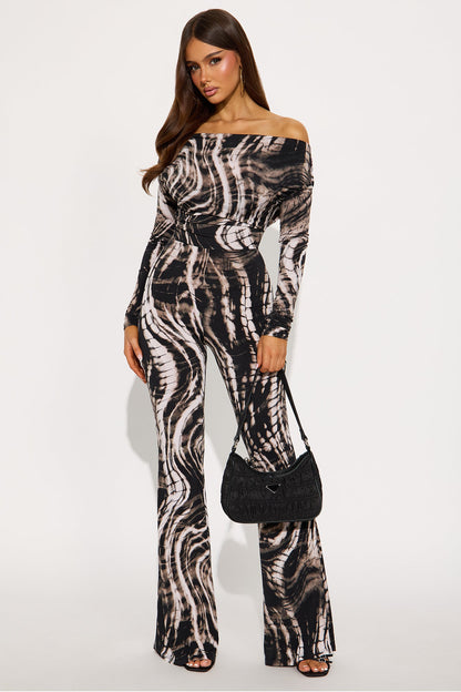 Hypnotize Me Off Shoulder Flare Leg Jumpsuit - Black/combo