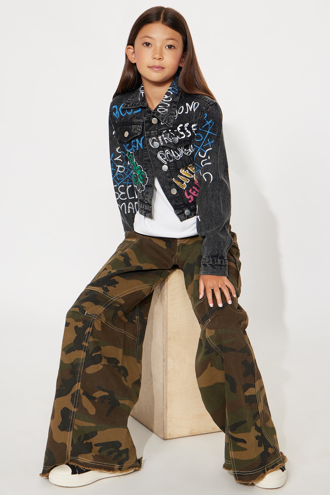 Mini Self Made Girl Graffiti Print Denim Jacket - Black Wash